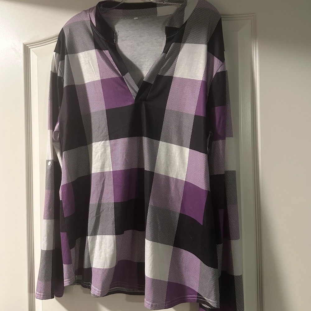 Purple and Black Plaid Long Sleeve Top